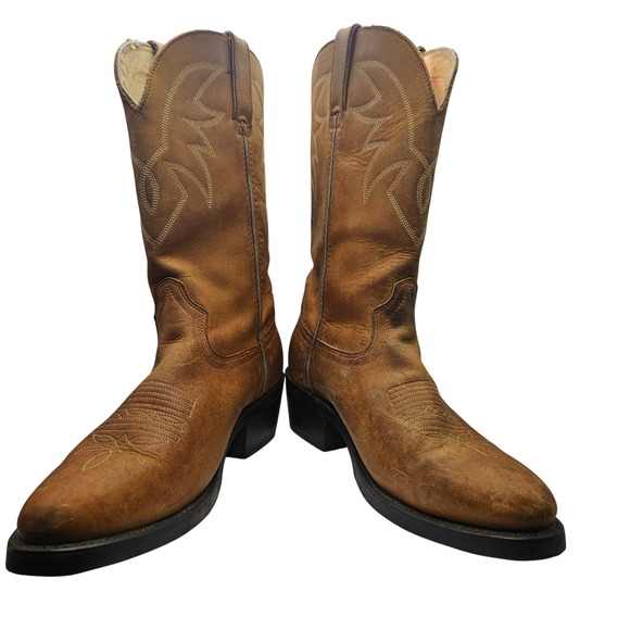 Mens Brown Leather Cowboy Western Boots Riding Pull On Round Toe size‎ 8EE - Picture 3 of 14